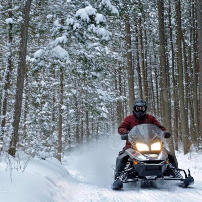 snowmobiler-navigates-through-a-snowy-forest-trail-surrounded-by-tall-trees-photo
